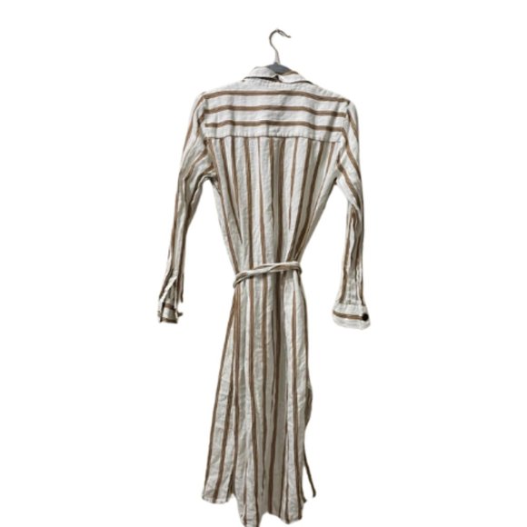 ZARA Striped Linen Shirt Dress with Self Tie Belt White Button-Down Boho Medium - Picture 8 of 9